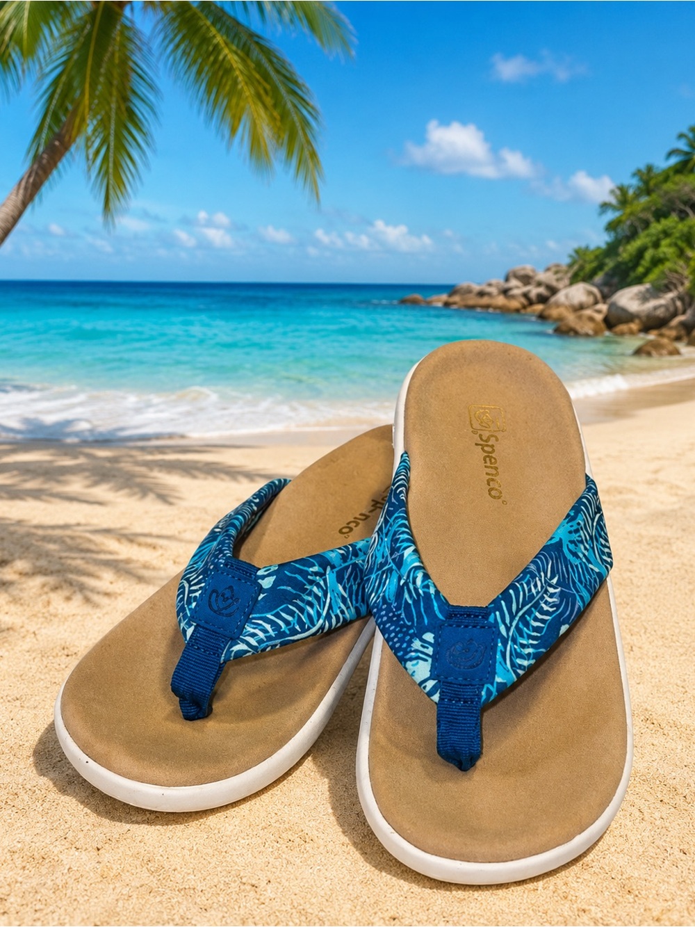 Spenco Victoria Blue Tropical-Print Thong Sandals NWT $75